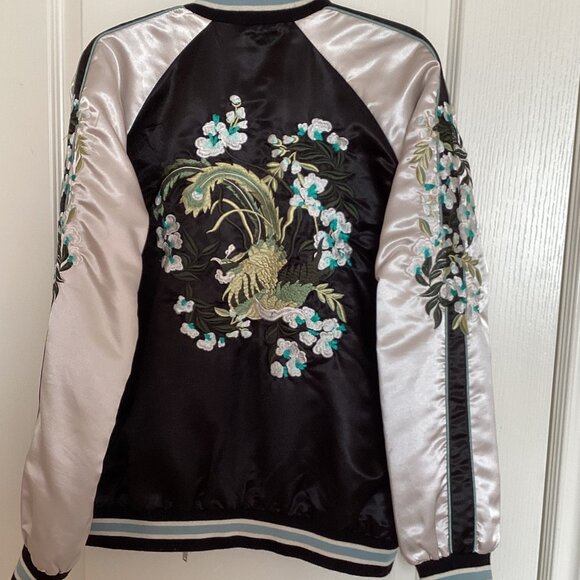 Vero Moda Women's Embroidered Bomber Jacket Size L Satin Feel Floral Lined - Picture 7 of 12